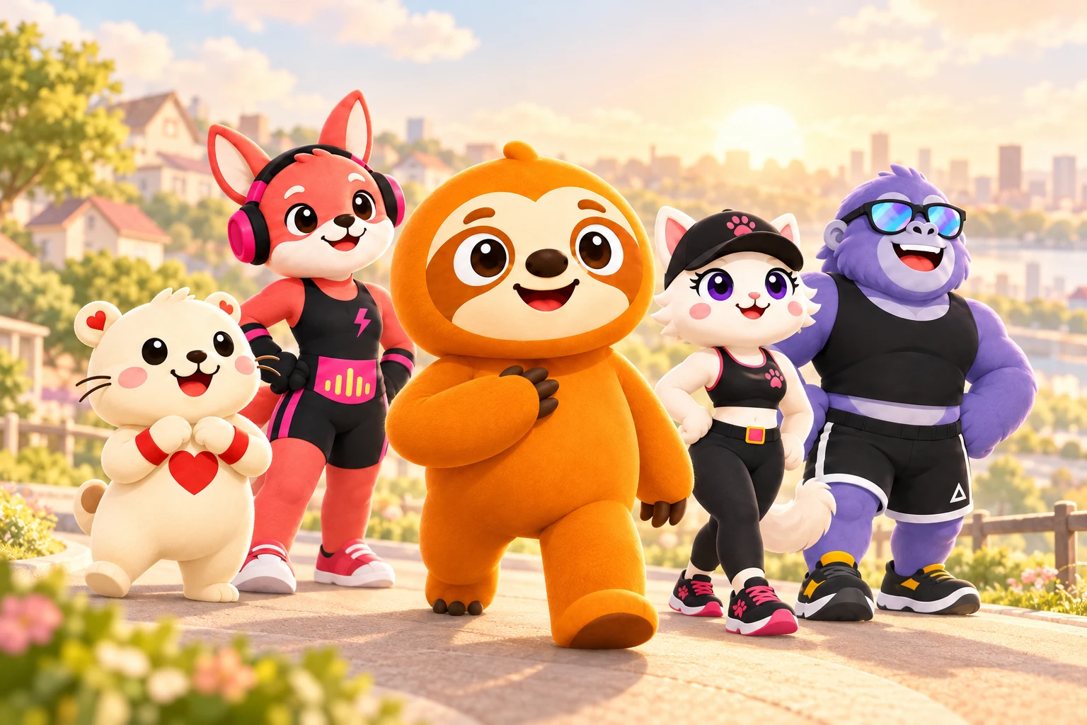 人々に楽しい運動習慣を届ける決意を胸に、仲間と前へ踏み出すフィットリアのキャラクターたち