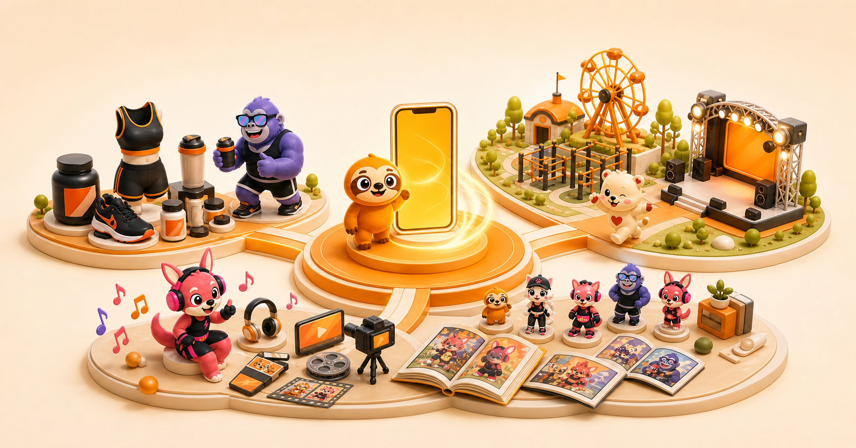 フィットリアのアプリを中心に、グッズ、音楽・映像、キャラクター、イベントや体験へ広がる事業のイメージ